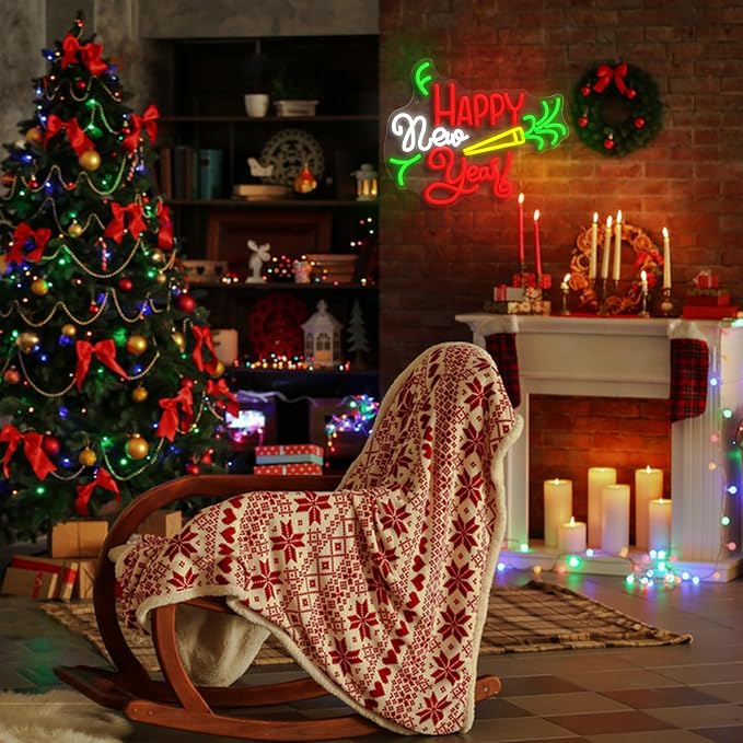 GNVETZLL Happy New Year Neon Sign for Wall Decor Dimmable Colorful New Year LED Light Sign for Bar Party Celebrate New Year Christmas Decoration(15.75 * 12.6In)