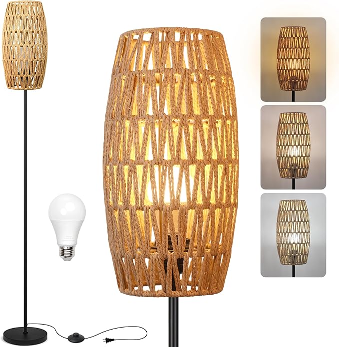 Ruiever Floor Lamp for Living Room,Farmhouse Floor lamp,Modern Standing lamp with Hand-Worked Rattan Shade (Drum Rattan Shade Black Body Color-3 Color Bulb)