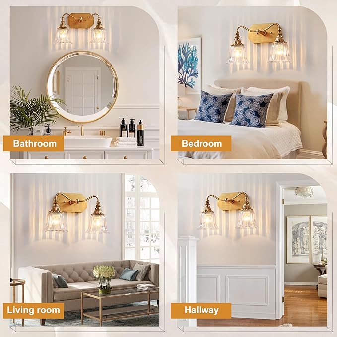 Bathroom Vanity Gold Light Fixture, 2 Lights Bathroom Lighting Matte Antique Brass Finish with Crystal Glass Shade, Gold Vintage Vanity Light for Bathrooms