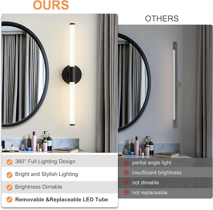 Dimmable LED Bathroom Vanity Lights 360° Full Lighting Bathroom Light Fixtures Over Mirror Vanity Light Bar Modern Wall Sconce 4000K Natural White Light for Home Hardwired, Black, 23 inch