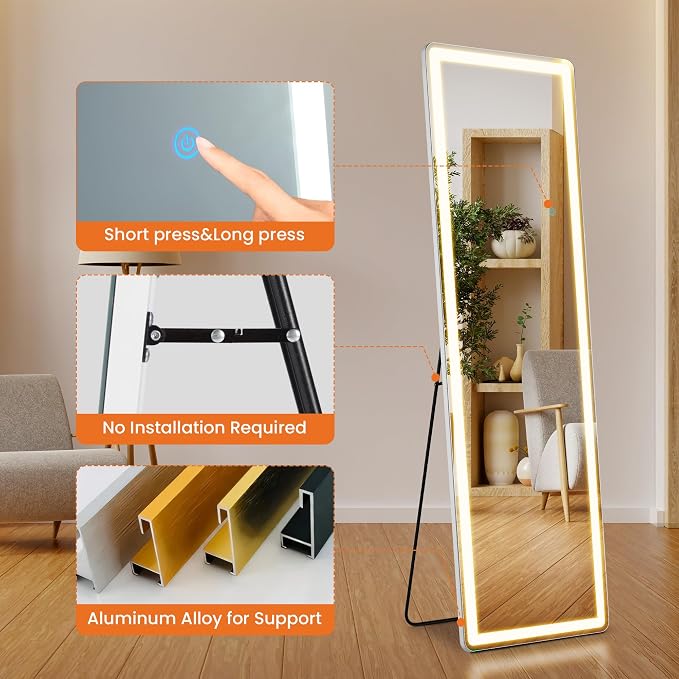 61x16 Inch Lighted Full Body Mirror, Free Standing Floor Mirror Full Length | Wall Mounted Mirror with 3 Color Lights, Adjustable Brightness for Outfit Checks, Dressing Room, Bedroom Decor and Cloakroom