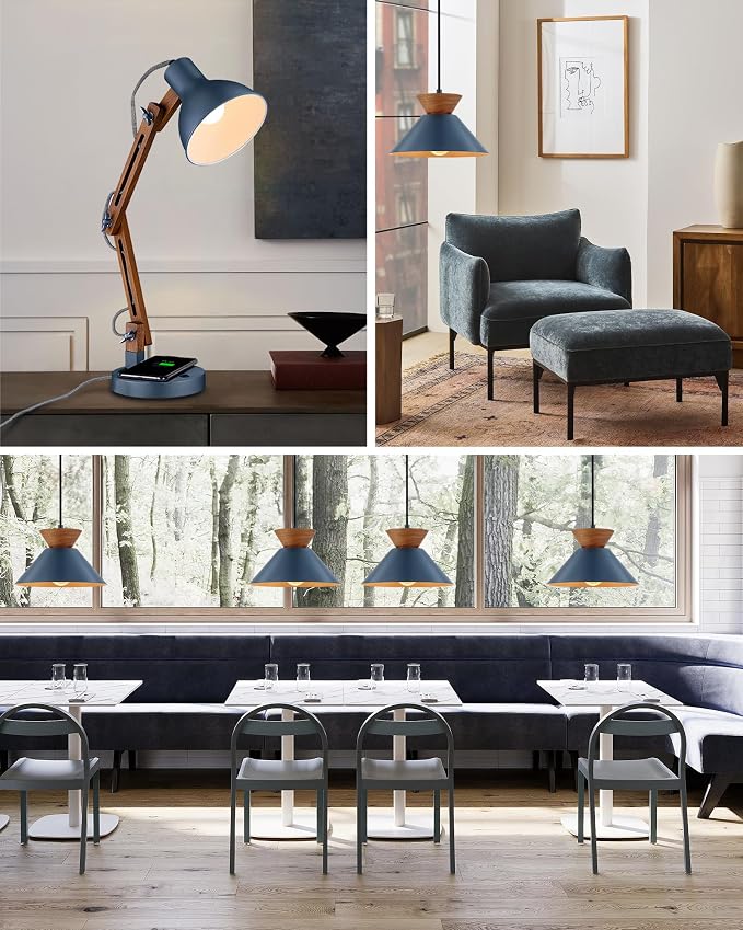 ELYONA 10 Inch Modern Pendant Light Fixture Farmhouse Solid Wood Hanging Lamp with Navy Blue Metal Shade & Gold Inner Finish Adjustable Pendant Light for Kitchen Island Dining Room Bedroom Modern Blue
