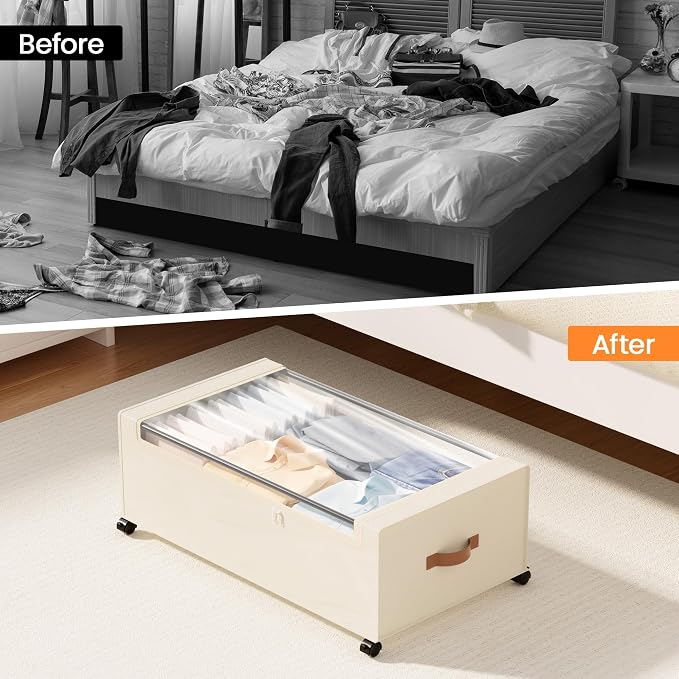 Yecaye 95L Under Bed Storage Containers, Fits 11" Under Bed, 2 Pack, Beige | XXL Capacity, 360° Rolling Wheels, Sturdy Metal Frame, Clear Window & Label, Storage Bins for Clothes, Shoes, Blankets