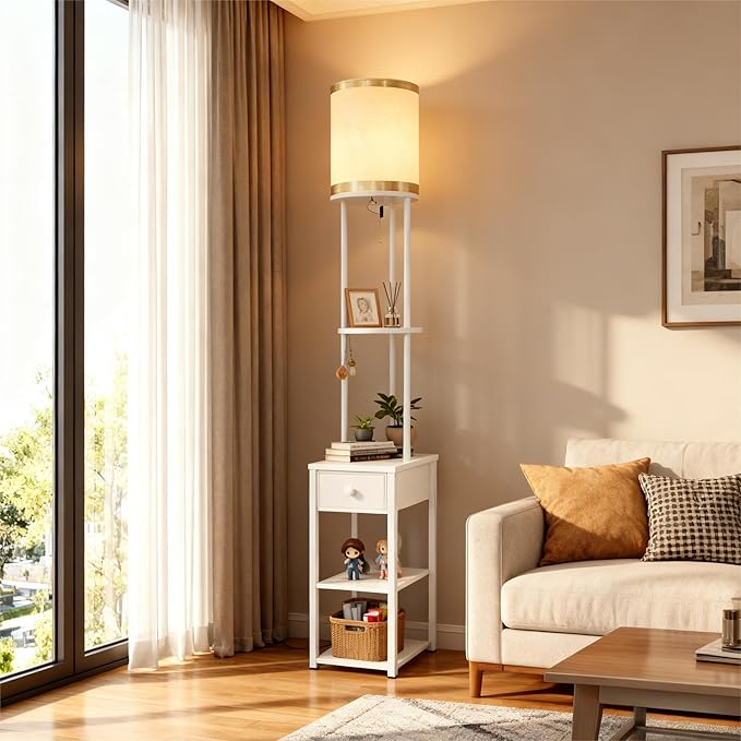 Lightdot 65IN Floor Lamps with Storage Table&Drawer, Corner Shelf Lamps with White End Table and Fabric Shade, Modern Standing Tall Lamp for Living Room/Bedroom/Sofa Beside/Corner Decor(Bulb Included)