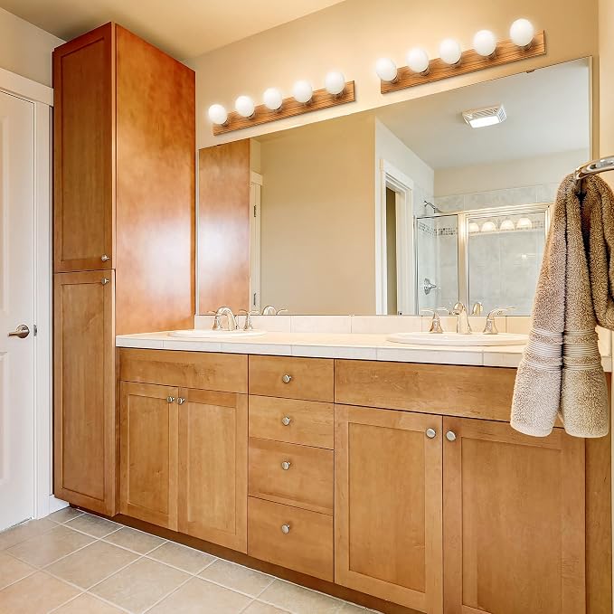 Design House 500215 5-Light Vanity Strip Light Contemporary Dimmable for Bathroom, Bedroom, Makeup Vanity, Honey Oak | Dimmable, Wall Mount, Contemporary/Modern, Wood, Lighting, 500215