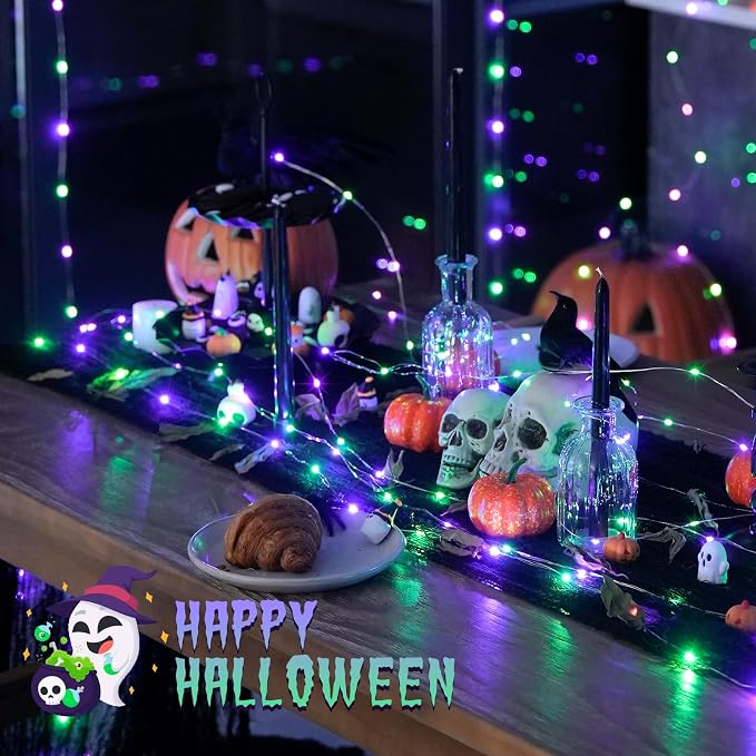 JMEXSUSS 2 Pack Purple and Green Halloween Fairy Lights Battery Operated | Total 200 LED 66ft, Remote Control, Waterproof 8 Modes Twinkle Lights for Fireplace Mantel Centerpiece Wreath Halloween Decor