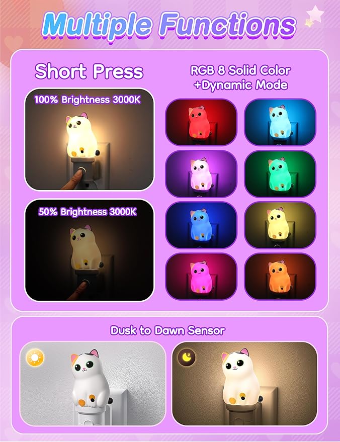 KINDEEP Night Light for Kid: Cute Cat Animal Nightlights Plug in Wall, RGB & Soft White 3000K with Dusk to Dawn Sensor, 3D Dim Night Light for Baby Nursery Room Bedroom Decor, 2 Pack Calico Cat