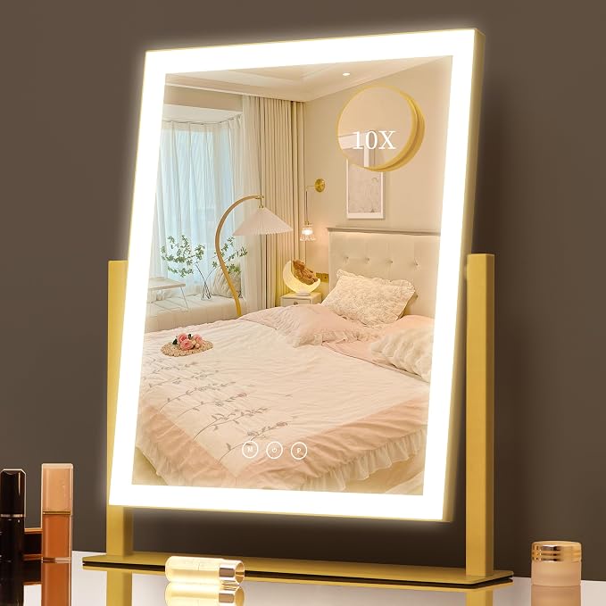 Kotdning Vanity Mirror with Lights, 16.7"×13.2" LED Makeup Mirror, Lighted Makeup Mirror with Lights, Smart Touch Control Dimmable 3 Modes Light, Lighted Up Mirror for Bedroom & Dorm, Gold