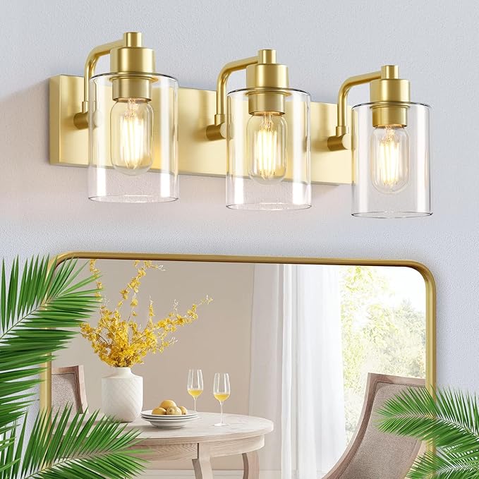 Dpyrrhic Gold Bathroom Light Fixtures,3-Light Bathroom Lights Over Mirror with Clear Glass Shade,Gold Vanity Light Wall Sconces for Kitchen Living Room Bedroom