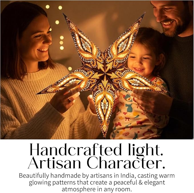 Paper Star Lantern 24 Inch - Recycled Boho Lamp Tiger's Eye | Artisan-Made in India with 12-Foot UL Approved Cord, Warm Ceiling Accent for Living Rooms, Bedrooms, Studios, and Events