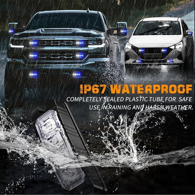 8PCS Sync Blue White Emergency Lights 32 LED Grill Strobe Lights | Front/Rear Grille Surface Mount Flashing Warning Safety Hazard Light for Vehicles Trucks, ATV, UTV, Motorcycle
