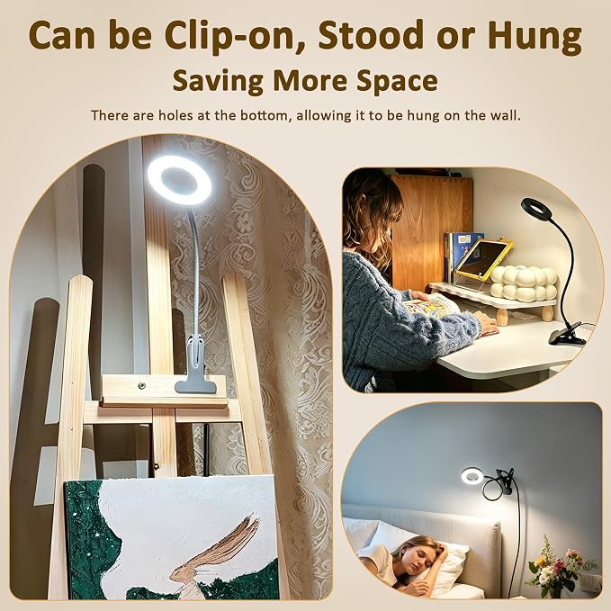 Akynite Desk Lamp Clip on Light, 48 LED Clamp Lamp, 5 Color 10 Brightness | USB Powered with Adapter, 360° Flexible Gooseneck, Eye Protection, Reading Book Lights Clamp on for Bed Home Office Study