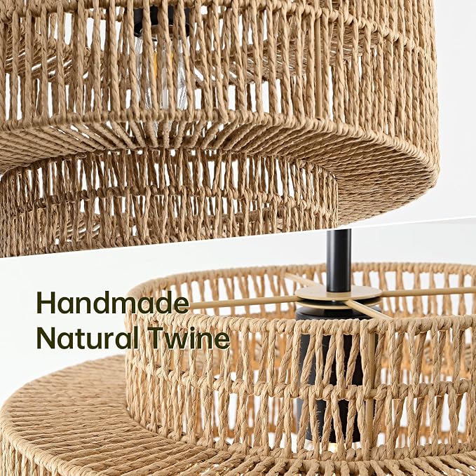 12.4” Boho Rattan Pendant Light Fixture for Dining Room, 1-Light Black Chandelier Farmhouse Rustic Hanging Lamp for Kitchen Island, Bedroom, Living Room, Entryway, Foyer, Hallway