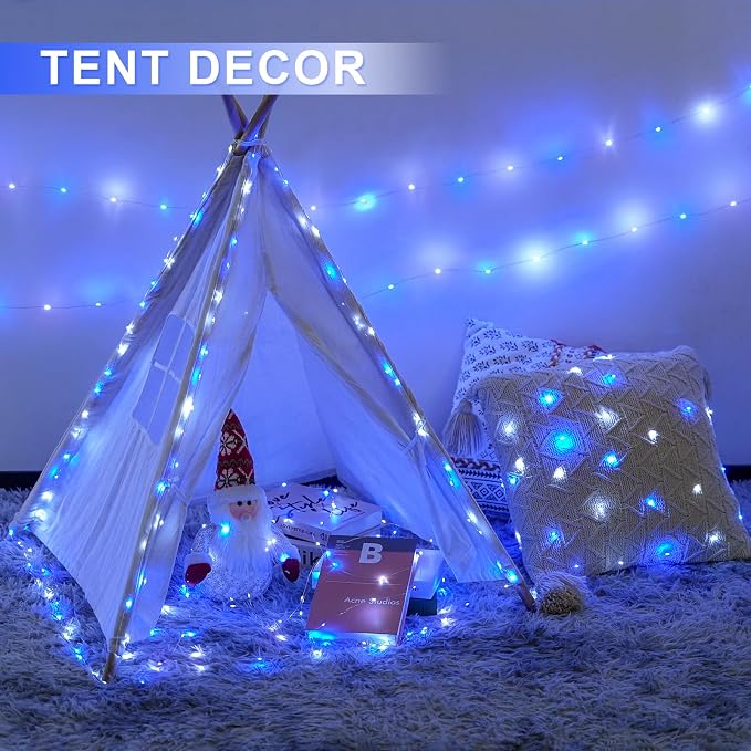JMEXSUSS 2 Pack 33ft 100 LED Fairy Lights Battery Operated, Blue and White | Christmas Lights with Remote, Timer, 8 Modes, Battery Powered Twinkle String Lights for Bedroom Christmas Tree Mantel Decor