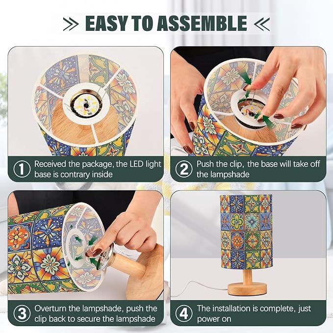 Vintage Mexican Tile Patterns Colorful Ethnic Bedside Table Lamps with USB Port for Bedroom Lamp Accent Table Lamp Small Nightstand Lamp Sturdy Linen Shade Decorative Lamps for Kids|Dorm|Home