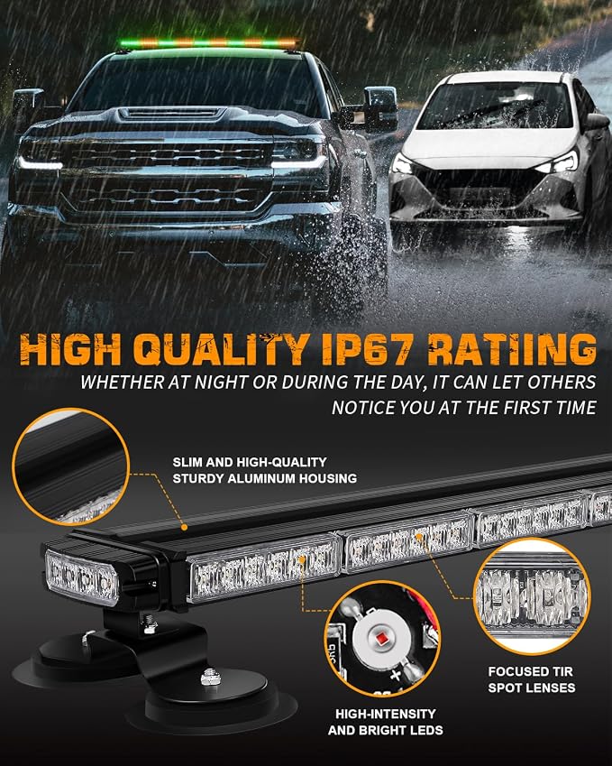 45.5" 128 LED Roof Strobe Light Bar Amber Green Emergency Lights | Top Magnetic Double Side Traffic Advisor Warning Hazard Safety Caution Lights for Plow Trucks Construction Vehicles Wreckers
