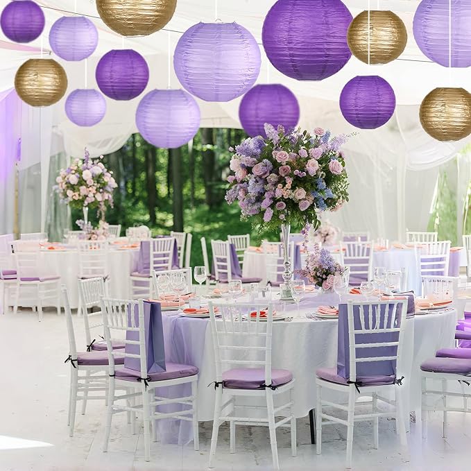 15-Pack Purple Gold Paper Lanterns, Rapunzel Birthday Decorations | 6, 8 & 10-Inch Round Hanging Set with Wire Frames for Baby Showers, Weddings, Graduations, Mermaid Themes & Ceiling Displays