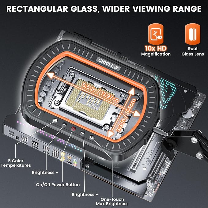 10X Rectangle Magnifying Lamp, Large Magnifying Light with 5 Color Modes | Magnifying Glass with light and Clamp, Hands Free, for Close Work, Crafts, Jeweller Repair, Painting, Hobbies