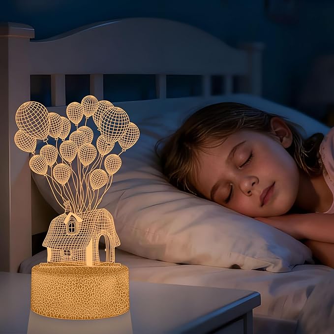 Balloon House 3D Night Light with Remote - 3 in 1 Up Theme Acrylic Panels (House, Bear, Love), 16 RGB Colors 4 Modes, USB/Battery(Not Included), Valentines Gift for Girl, Kids Room Decor ﻿