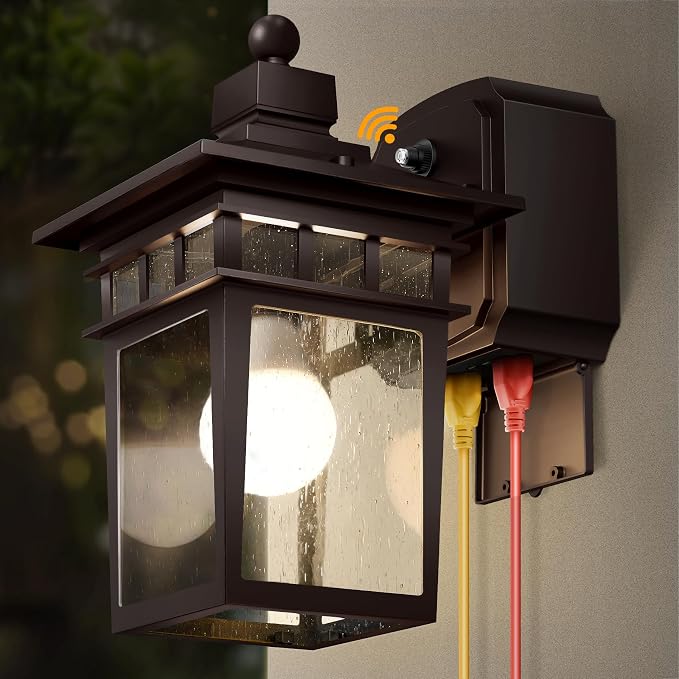 Bronze Outdoor Lights with GFCI Outlet,Dusk to Dawn Porch Light,Waterpoof Exterior Wall Light Fixture,Aluminum Outdoor Wall Sconce,Front Door Light Outside Lights for House,Garage,E26