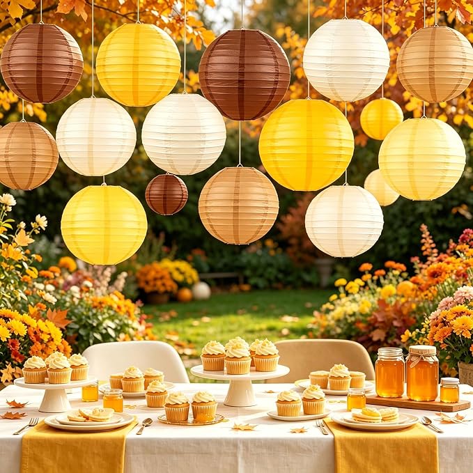 Paper Lanterns Set (12 Pcs) - 6/8/10 Inch Coffee, Yellow, Khaki, Lemon Yellow & Off-White Round Hanging Lanterns for Birthday, Bee Baby Shower, Capybara & Brown Bear Party Decor
