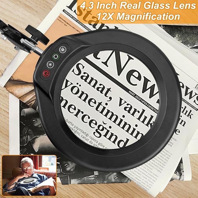 12X Large Magnifying Glass with Light and Clamp, Real Glass, 5 Color Modes, Stepless Dimmable, 2 x 16 Inch Adjustable Swing Arm Stand Desk Lamp, LED Lighted Magnifier Hands Free for Close Work, Hobby