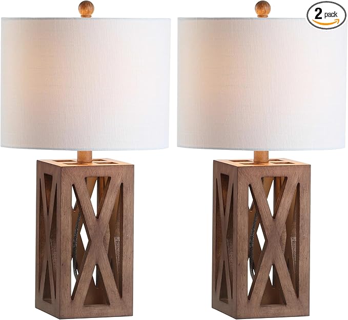 JONATHAN Y 21.5" Brown Farmhouse Wood Table Lamp for Bedside and Living Room, White Linen Drum Shade, Rustic Modern Desk Lamp for Bedroom, LED Bulb Included (JYL1062A-SET2)