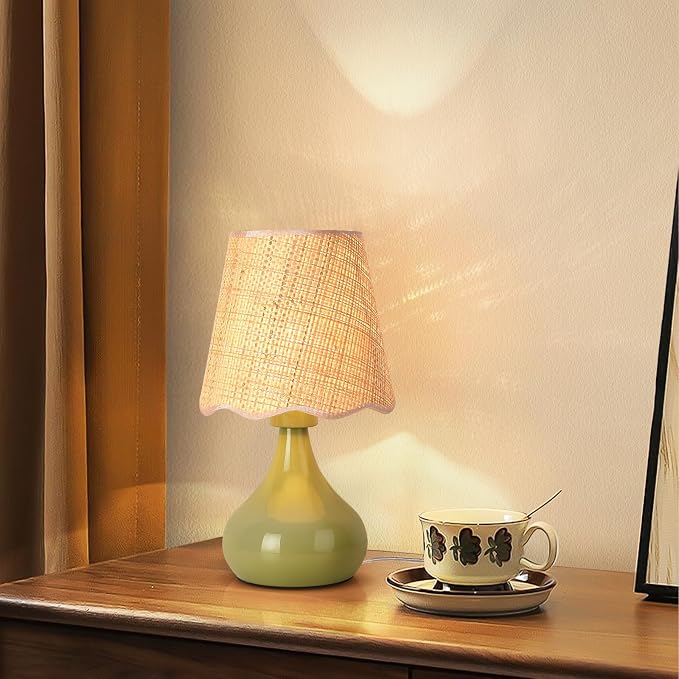 Green Small Touch Control Table Lamp for Bedroom,Green Bedside Lamps for Nightstand,Cute Mini Small Table Lamps for Small Spaces with Scalloped Shade for Kitchen Counter,Bookshelf,Living Room