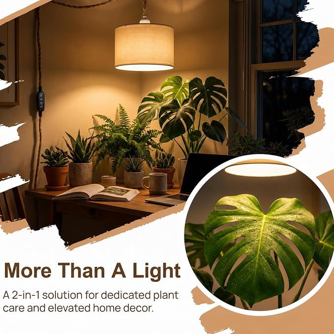 2 Pack Hanging Grow Light for Indoor Plants, Full Spectrum LED | with Timer, 3500K Decorative Hanging Lamp, 19.68FT Power Cord, For Living Room Bedroom Office Plant Shelf