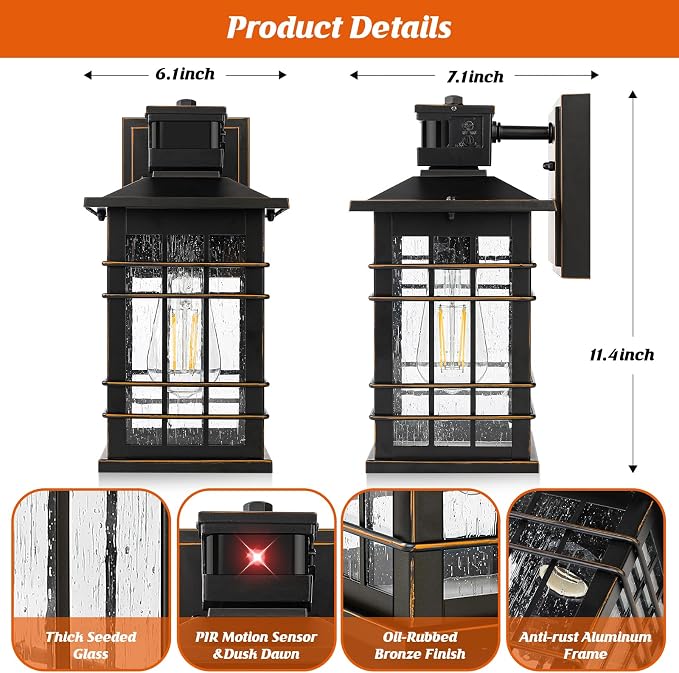 Motion Sensor Outdoor Light Fixture Wall Mount, Dusk to Dawn Oil-Rubbed Bronze Waterproof Outside Porch Light with E26 Base, Anti-Rust Exterior Wall Lantern with Bubble Glass for House Garage Garden