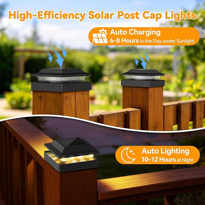 Solar Post Cap Lights 16-Pack, IP65 Waterproof Fence Post Solar Lights for 4x4 Wood/Vinyl Posts, Outdoor Post Lights with 2 Color Modes Decorate Garden Patio Porch Backyard, Black