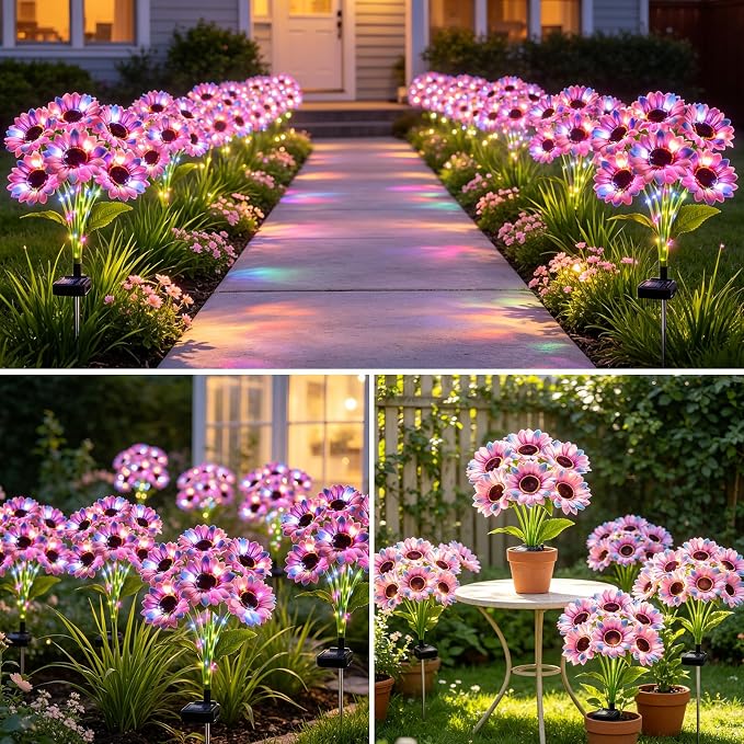 Solar Garden Lights Outdoor, 4 Pack Solar Multicolor Sunflower Lights with 18 Head 3.5 Inch Flowers, Waterproof Flowers Light Fall Decor Auto ON/Off for Garden Yard Patio, Gifts for Mom Women