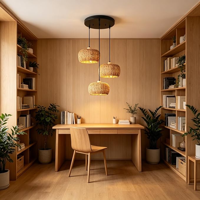 Natural Hand-Woven Basket Chandelier 3-Light Cluster Pendant Light Fixture Seagrass Rattan Shade Farmhouse E26 Base for Living Room Dining Room, Boho Light Fixtures