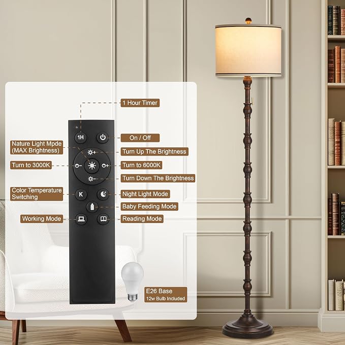 63.5'' Floor Lamps for Living Room, Farmhouse Floor Lamp for Bedroom with 3 Color Temperatures, Vintage Standing Lamp, Tall Lamp with Remote, Chain Switch, Bulb Included, Black