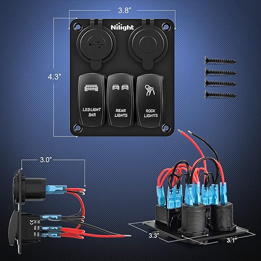 Nilight ３ Gang Rocker Switch Panel with USB Charger and Cigarette Lighter 12V 24V Toggle LED Light Bar Rear Lights Rock Switches for Cars Rvs Trucks