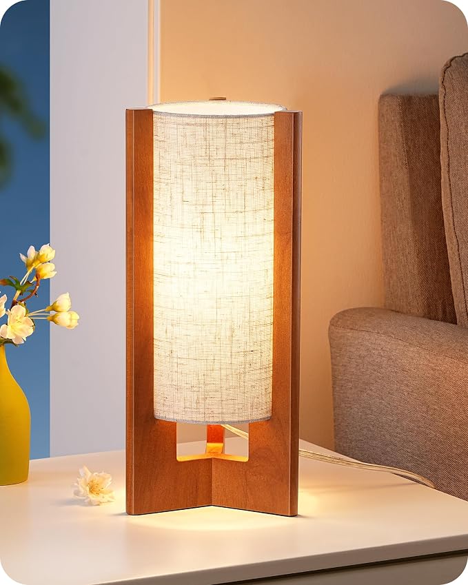 EDISHINE 13.5" Small Table Lamp, Walnut Wood Cylinder Nightstand Lamp, E26 | Beige Linen Shade, On-Off Line Switch, Three-Sided Base, Corner Modern Bedside Lamp for Living Room, Bedroom
