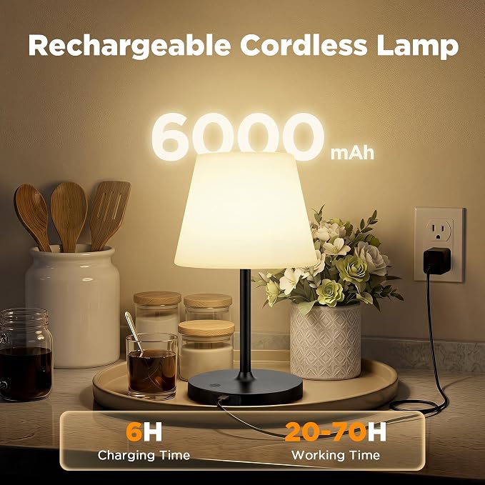 LUTEC Shower Lamp Waterproof, 6000mAh Rechargeable Cordless Table Lamp with 3 Color Temps and Stepless Dimming, Touch Control & Portable LED Nightlight for Bathroom, Desk, Outdoor(Black)