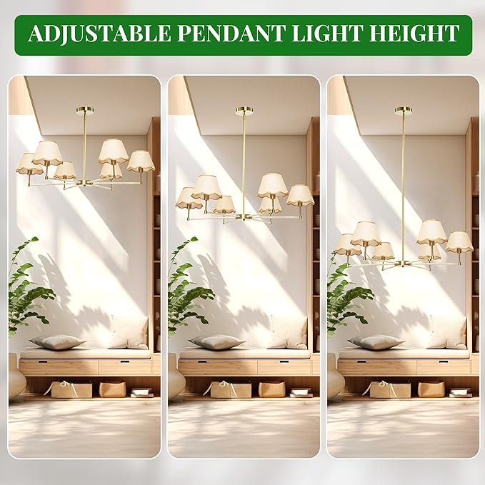 Large Rattan Chandelier Boho Style, 6-Light Rattan Pendant Light Fixture for Living Room, 39”Adjustable Cottage Rattan Hanging Lamp Ceiling Light for Dining Kitchen Island, E12 Socket