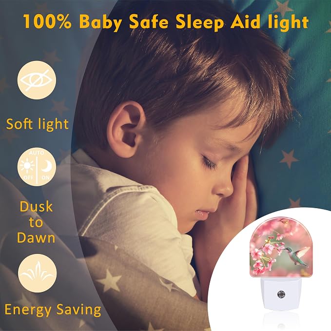 Hummingbird with Cherry Blossoms Night Light Plug into Wall, Pink Flowers Bird Dusk to Dawn Night Light,0.5w Energy Saving Sleep Friendly Nightlight for Kids Boys Girls Home