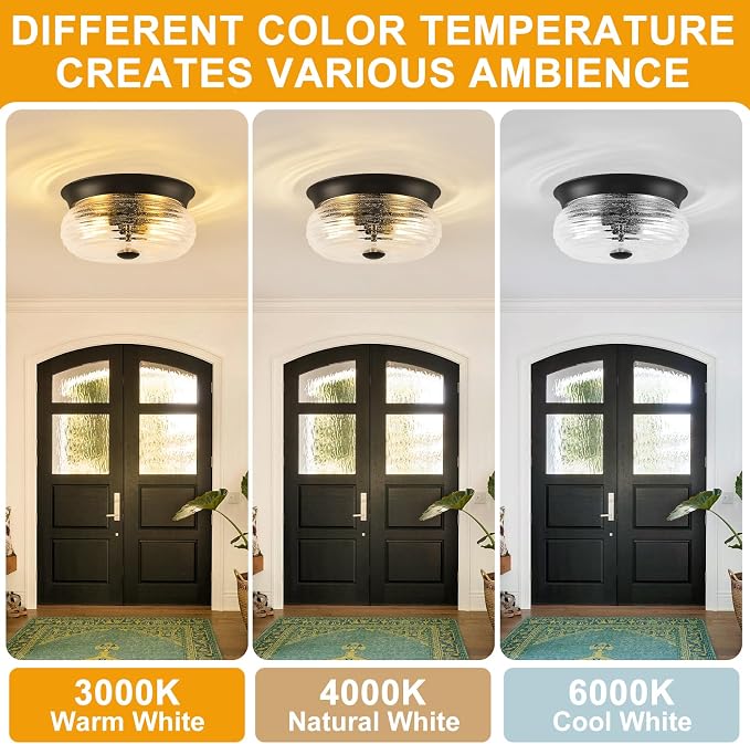 Black Flush Mount Ceiling Light Fixtures, 2-Light Ceiling Mount for Modern with Clear Air Bubble Glass Shade, Industrial Flush Mount Light Fixture Farmhouse for Hallway Kitchen Bedroom Foyer Entryway
