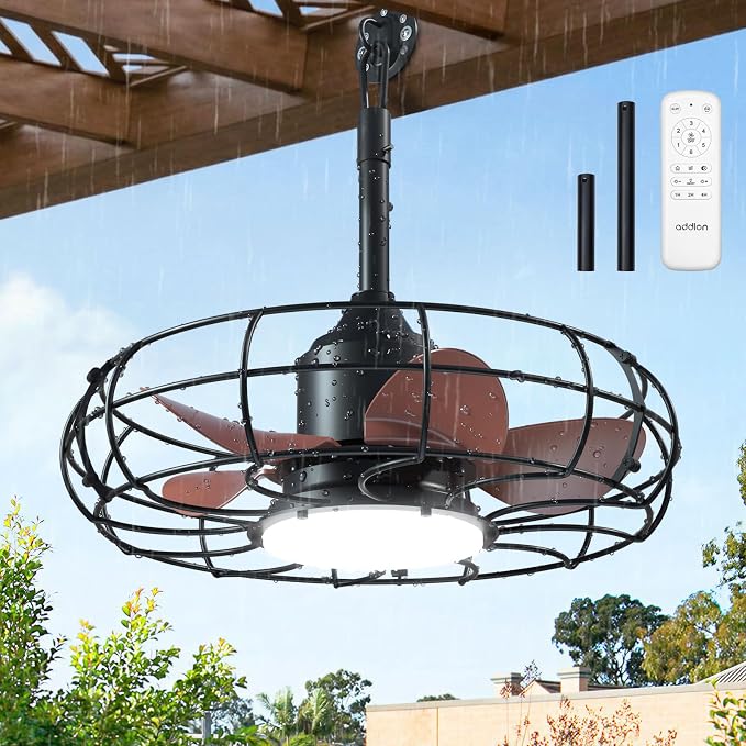 addlon 20" Outdoor Ceiling Fan with Light for Patio, IP65 Plug in Caged Fan | Waterproof, Hanging Hook, Reversible DC Motor, 6 Speeds, Remote Control, Quiet Operation, Timer, for Gazebo, Patio, Porch