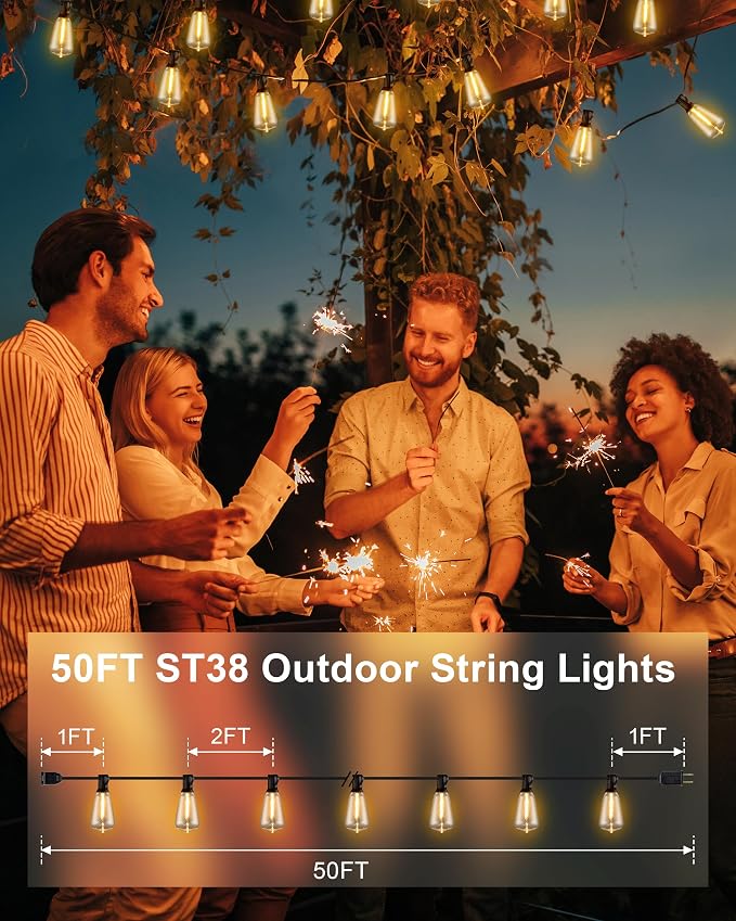 Patio String Lights 50FT LED, IP65 Waterproof ST38 Connectable Dimmable | Shatterproof PET, 27 Bulbs, Energy-Saving LED, for Garden, Backyard, Porch, Deck, Party, Cafe Decor