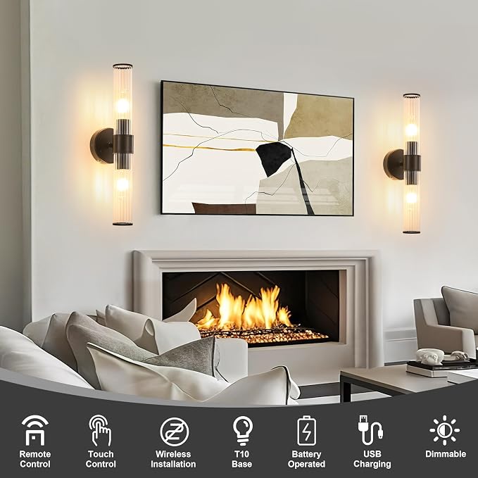 Morauroral Black Battery Operated Wall Sconces Set of 2, Rechargeable Wall Lights with Remote, 20 Inch Modern Wireless Wall Lamp for Bedroom, Living Room with Clear Glass Shade (Bulbs Included)