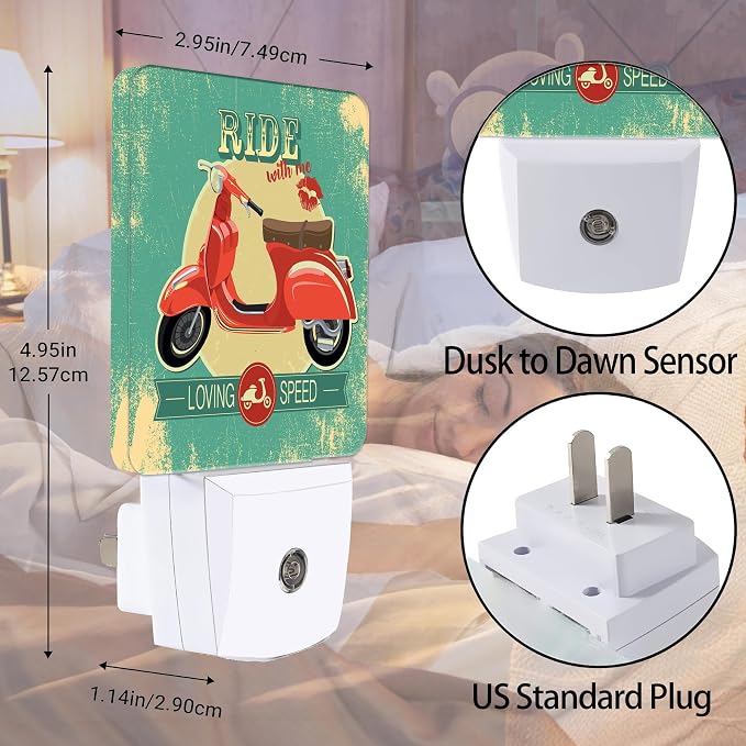 Hipster Vintage with Red Retro Bike Night Light, Dusk to Dawn Smart Sensor Nightlight for Bedroom Bathroom Kitchen Hallway Stairs Hallway, Plug-in, Energy Efficient Decor Desk Lamp Gifts