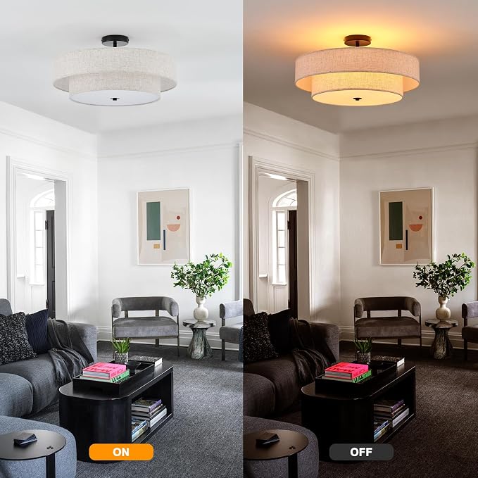 Modern Semi Flush Mount Ceiling Light 21.7" Modern Black 4-Lights Drum Ceiling Lighting Fixture Vintage Linen Golden Ceiling Lamp for Laundry Room, Kitchen, Living Room, Dining Room, Bedroom