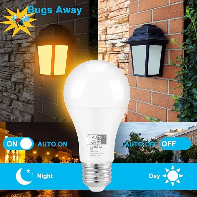 Dusk to Dawn Light Bulbs, Auto On/Off Light Sensing LED Bulbs Outdoor, Amber Yellow Bug Light, A19 4-Pack, 12W 800LM 60W Equivalent, HQ-H020