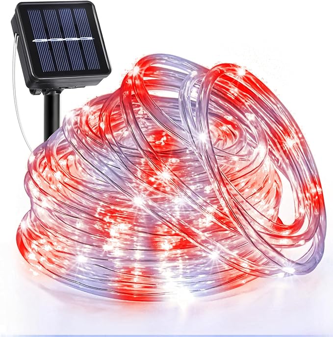 33FT 135LED Solar Rope Lights Waterproof, Red and White Solar String Lights for Outside 8 Modes, Solar Powered Fairy Lights for Party Garden Yard Home Holiday Decorations