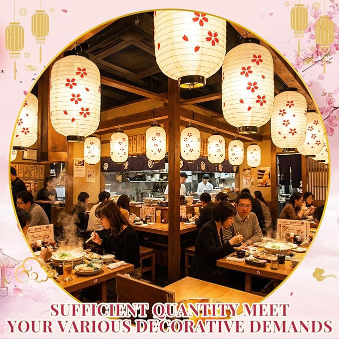 Baquler 24 Pcs Japanese Cherry Blossom Silk Lanterns 8 x 14 Inch Hanging Sakura Lantern Decorations for Wedding Party Restaurant Festival Decor Including 12 Lanterns and 12 Lights