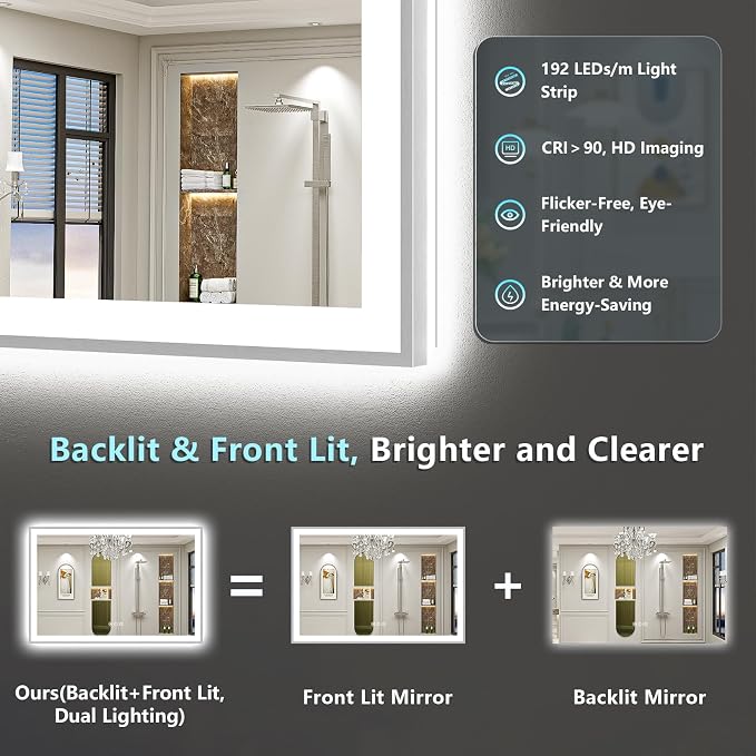 55x40 Inch Brushed Nickel LED Bathroom Mirror, Backlit & Front Lit | Silver Framed Anti-Fog Lighted Vanity Mirror with Lights, 3 Color Dimmable, Memory, HD Tempered Glass, CRI95, IP54, UL Listed
