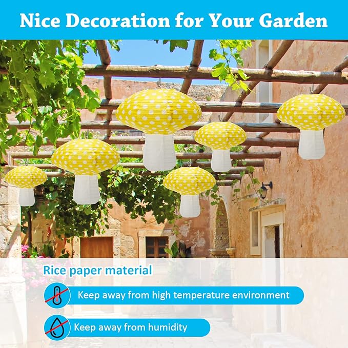 4Pcs Mushroom Shaped Paper Lanterns, Windspeed Large Mushroom Shaped Lanterns For Nursery Garden Christmas Party Decoration, 8 inch, 12 inch (Yellow)